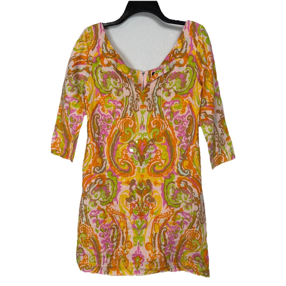 J. Crew Shift Dress Women’s 0 Linen 3/4 Sleeve Mod Paisley‎ Retro Hippie READ